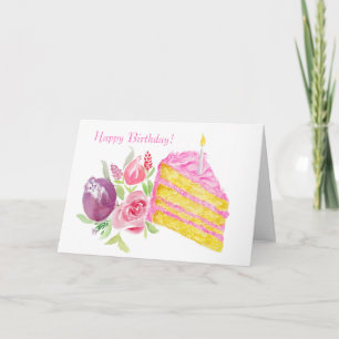 Cartão Watercolor Happy Birthday Pink Frosting Cake