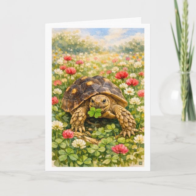 Cartão Watercolor Happy Birthday Turtle with lucky clover (Frente)