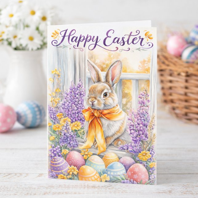 Cartão Watercolor Happy Easter Bunny Card | Soft Floral (Criador carregado)