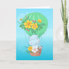 Cartão Watercolor Hippo in Hot Air Balloon Birthday