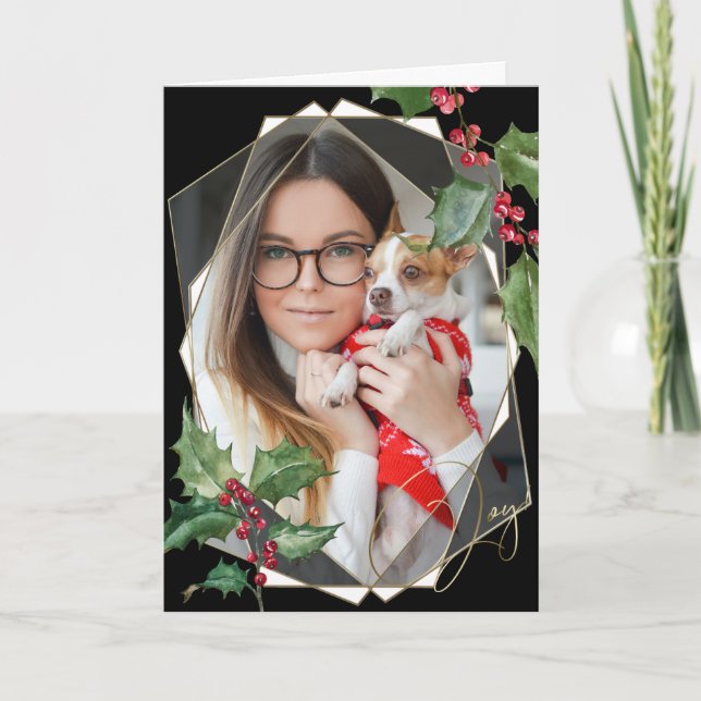 Cartão Watercolor Holly e Red Berries (Frente)