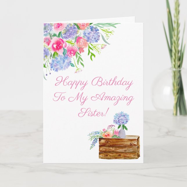 Cartão Watercolor Hydrangeas Happy Birthday Sister (Frente)