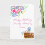 Cartão Watercolor Hydrangeas Happy Birthday Sister<br><div class="desc">Aquarela de Hydrangeas,  Rosas,  GReenery com uma caixa segurando Hydrangea em um vaso. Pode mudar facilmente a redação!</div>