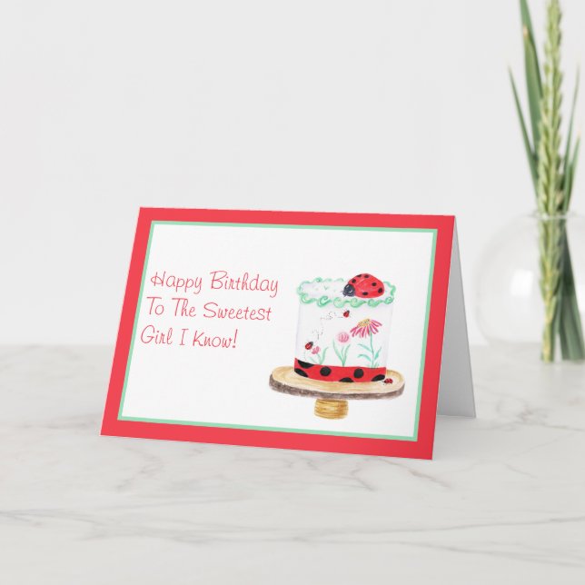 Cartão Watercolor Lady Bug Cake Happy Birday (Frente)