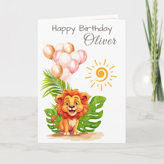 Cartão Watercolor Lion Kids Birthday Card with Name (Frente)