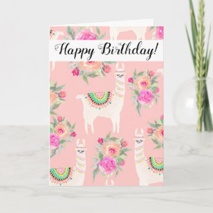 Cartão Watercolor Llama Floral Birthday