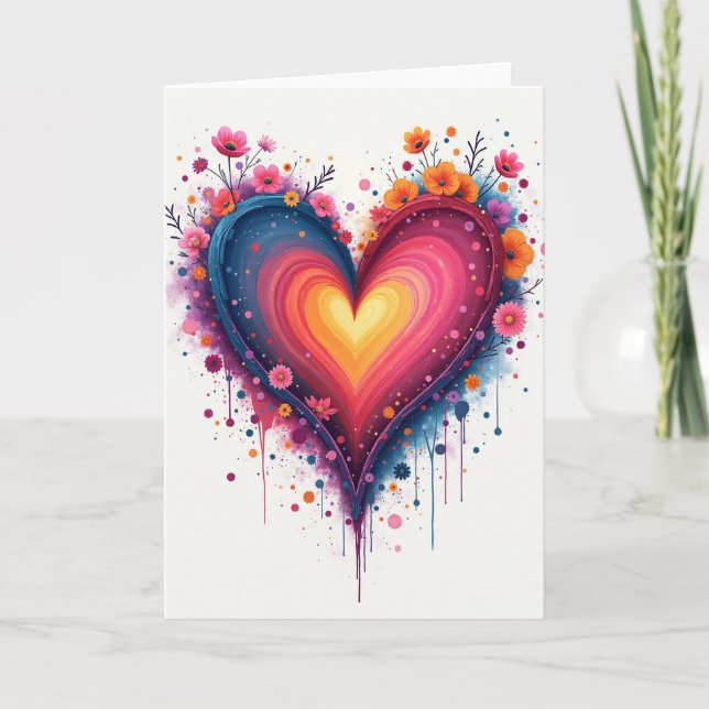 Cartão Watercolor Love Heart Flowers Card (Frente)