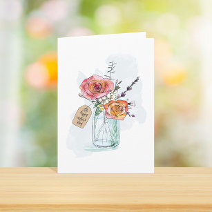 Cartão Watercolor Mason Jar Floral Mothers Day
