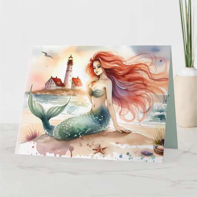 Cartão Watercolor Mermaid by Lighthouse Shore (Frente)