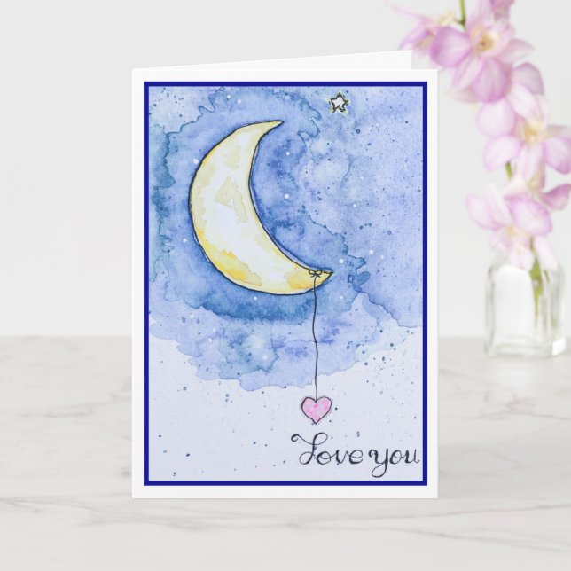 Cartão Watercolor Moon Heart Love You (Orquídea)