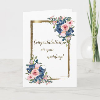Cartão Watercolor Navy & Blush Wedding Card