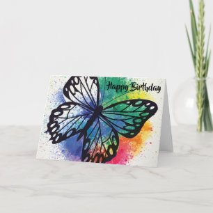 Cartão Watercolor Paint Splashed Butterfly Birthday