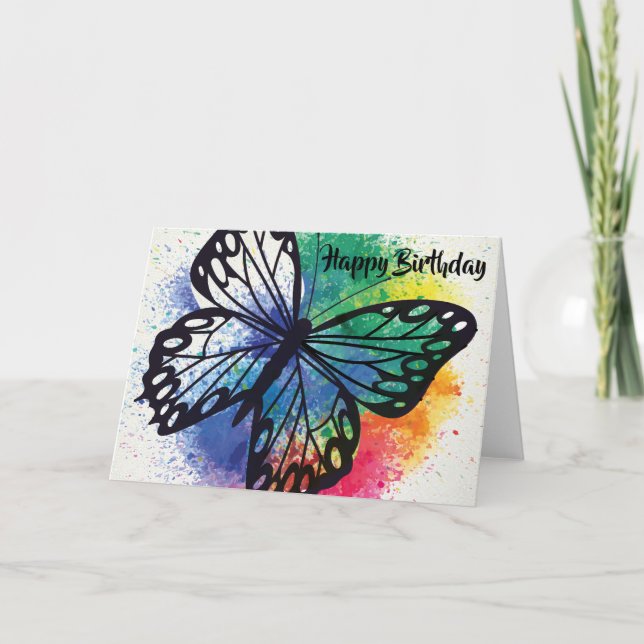 Cartão Watercolor Paint Splashed Butterfly Birthday (Frente)