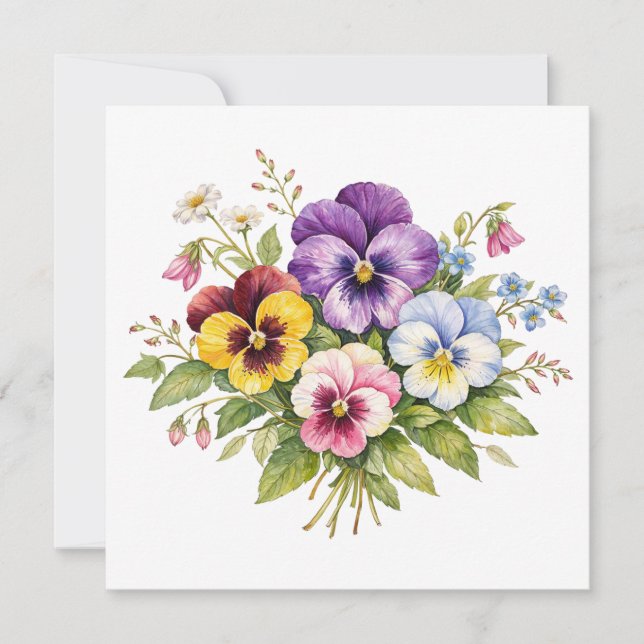 Cartão Watercolor Pansy Flowers Bouquet  (Frente)