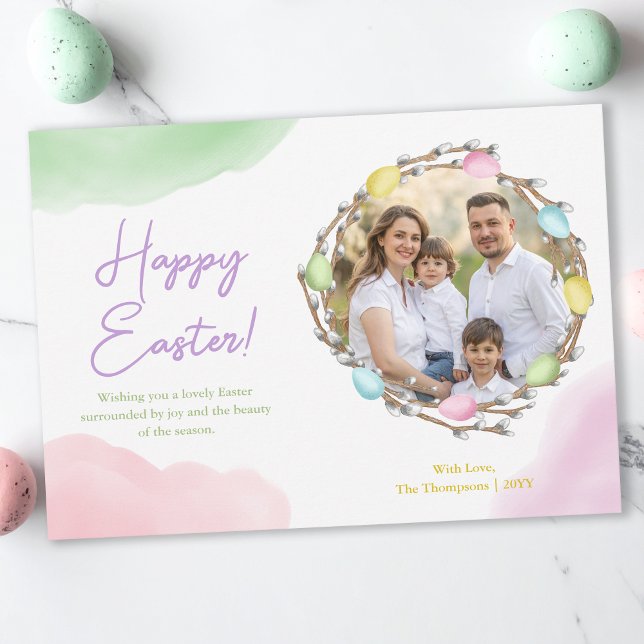 Cartão Watercolor Pastel Easter Wreath With Family Photo (Criador carregado)