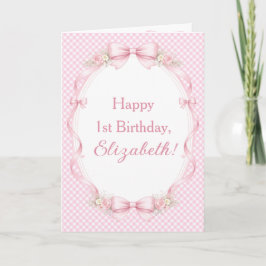 Cartão Watercolor Pink Bow Coquette 1st Birthday Greeting