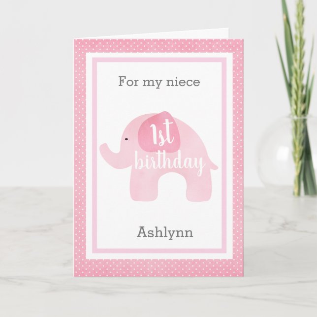 Cartão Watercolor Pink Elephant 1st Birthday Niece (Frente)