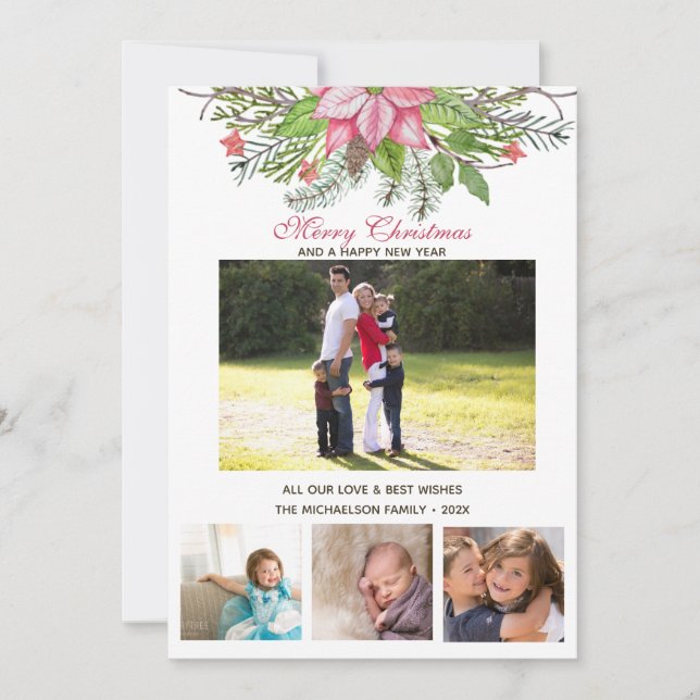 Cartão Watercolor Poinsettia 4 Collage Multi-Foto (Frente)