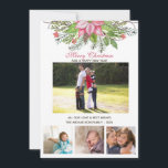 Cartão Watercolor Poinsettia 4 Collage Multi-Foto<br><div class="desc">Cartão de Natal com poinsettia aquosa,  saudações personalizadas e quatro fotos. Não se preocupe em recortar suas fotos,  apenas tenha os rostos centrados nas 3 fotos de baixo!</div>