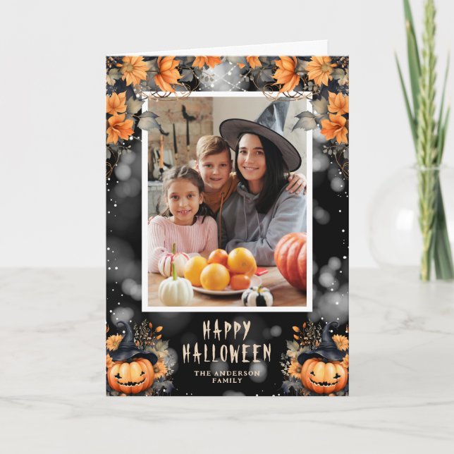 Cartão Watercolor Pumpkins Family Photo Happy Halloween (Frente)