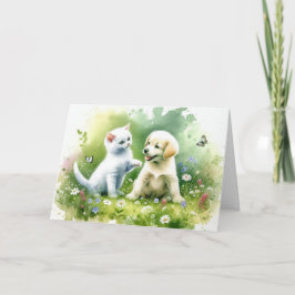 Cartão Watercolor Puppy e Kitten Aniversário