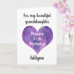 Cartão Watercolor Purple Heart 11th Birthday Granddaughte<br><div class="desc">A pink and purple watercolor 11th birthday granddaughter card that features a watercolor heart, which you can personalize with her age inside the heart. You'll be able to add her name underneath the watercolor heart. The inside card message reads a heartfelt birthday message, which you can also personalize if wanted....</div>