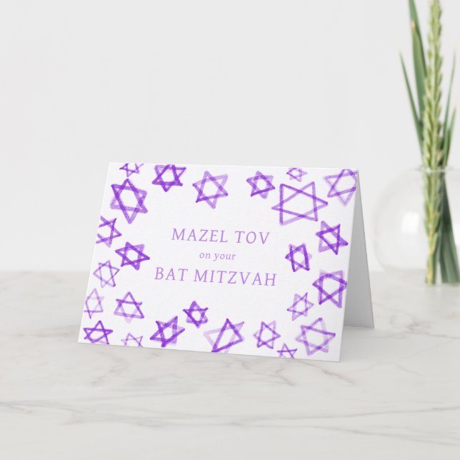 Cartão Watercolor Purple Stars MAZEL TOV Bar Bat Mitzvah (Frente)