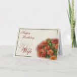 Cartão Watercolor Red & Orange Zinnias Wife Birthday<br><div class="desc">A picture of red and orange zinnia flowers illustrated in a watercolor motif is the focal point of this design. A green watercolor border frames the “happy birthday” greeting. Great for fall and spring birthdays. Options include for mother, aunt, daughter, niece, sister, and wife. On the inside, you may write...</div>