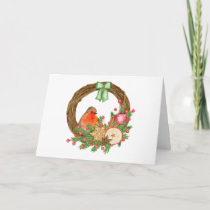 Cartão Watercolor Red Robin e Wreath de Natal Russo