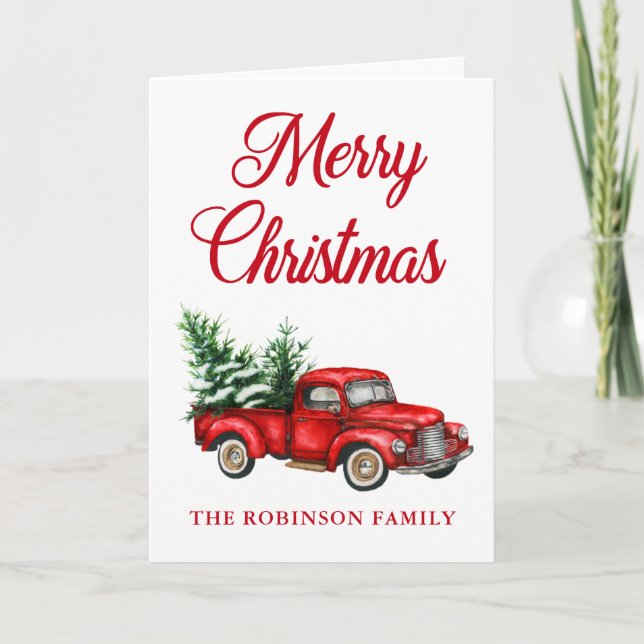Cartão Watercolor Red Truck Feliz Natal Dobrado (Frente)
