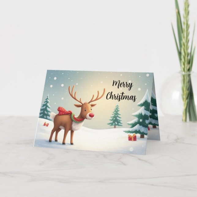 Cartão Watercolor Reindeer Holiday Card (Frente)