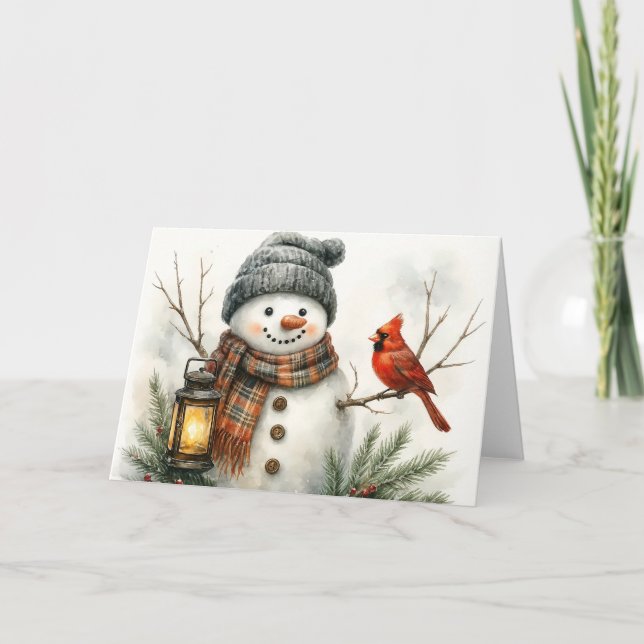 Cartão Watercolor Snowman Christmas Card – Lantern & Card (Frente)