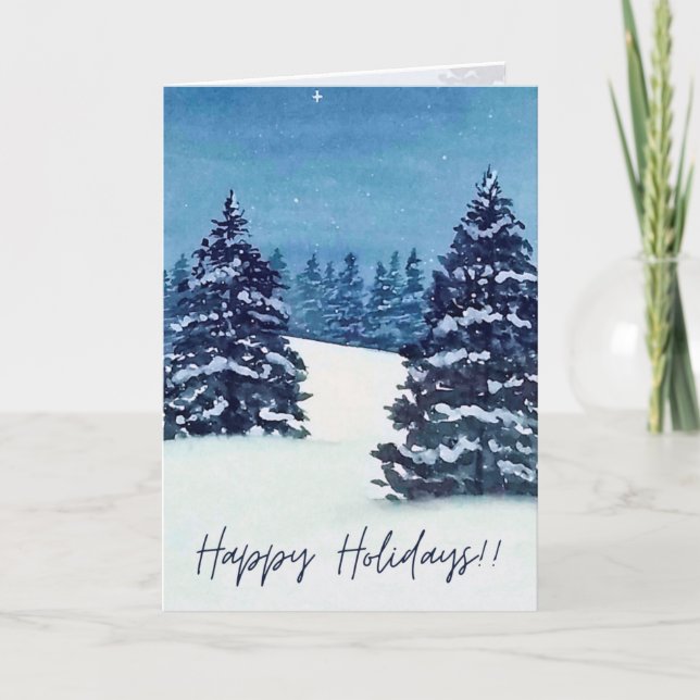 Cartão Watercolor snowy trees, Folded Holiday Card (Frente)