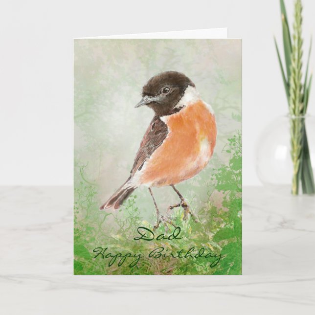 Cartão Watercolor Stonechat Bird Happy Birday Pai (Frente)