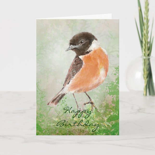 Cartão Watercolor Stonechat Happy Birday, Bird (Frente)