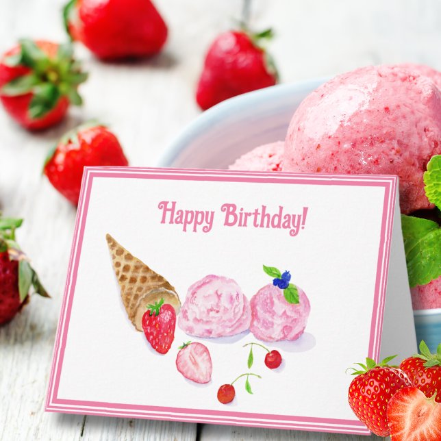 Cartão Watercolor Strawberry Sorvete Cherries Aniversário (A hand painted watercolor of a strawberry ice cream with strawberries as a birthday card.)