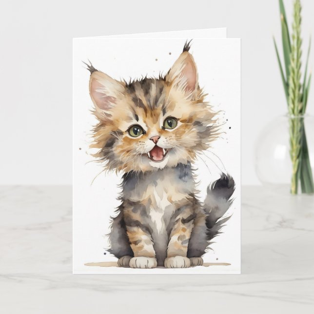 Cartão Watercolor Tabby Kitten Birthday (Frente)