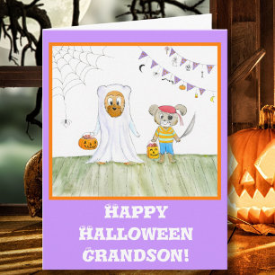 Cartão Watercolor Teddy Bears Happy Halloween Grandson