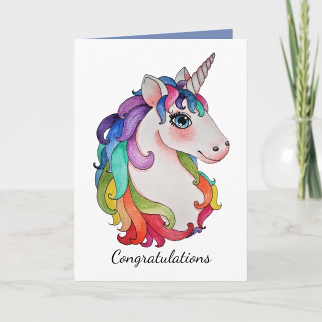 Cartão Watercolor Unicorn With Rainbow Hair (Frente)
