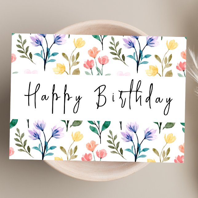 Cartão Watercolor Wildflower Modern Script Happy Birday (Criador carregado)