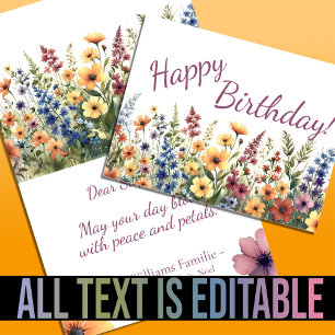 Cartão Watercolor Wildflower Personalizado para o Anivers
