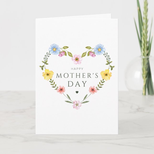 Cartão Watercolor Wildflower Shaped Heart Mother's Day (Frente)