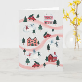 Cartão Watercolor Winter Village Scene Holiday Card