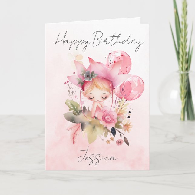 Cartão Watercolour Floral Fairy Birthday Card (Frente)