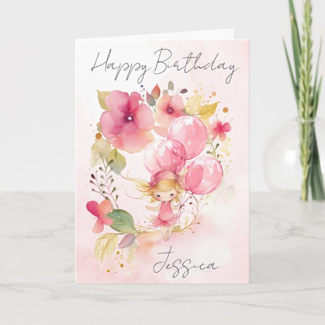 Cartão Watercolour Floral Fairy Birthday Card (Frente)