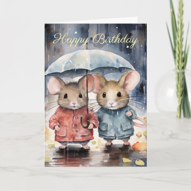 Cartão Watercolour Mice in The Rain (Frente)