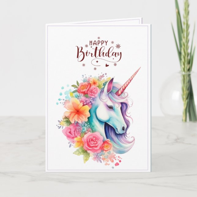 Cartão Watercolour Unicorn Floral Happy Birthday Card (Frente)