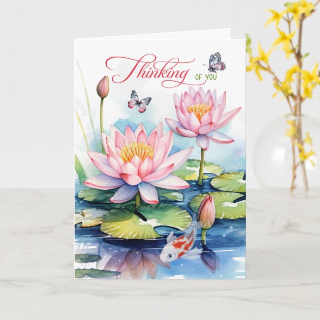 Cartão Waterlily Garden with Koi Fish Thinking of You (Flor Amarela)