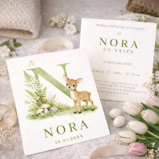 Cartão Waterverf Hert Monogram N Geboortekaartje  