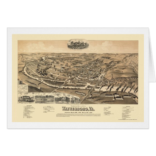Cartão Waynesboro, mapa panorâmico do VA - 1891 (Frente Horizontal)